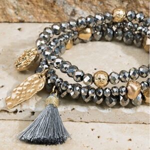 3 Glass Bead Tassel Charms Bracelets Set Gray 3419